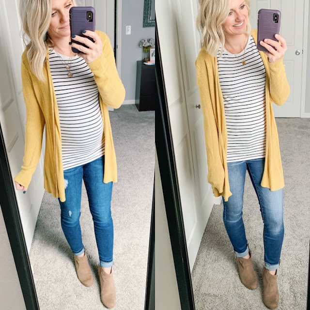 Maternity jeans and yellow cardigan