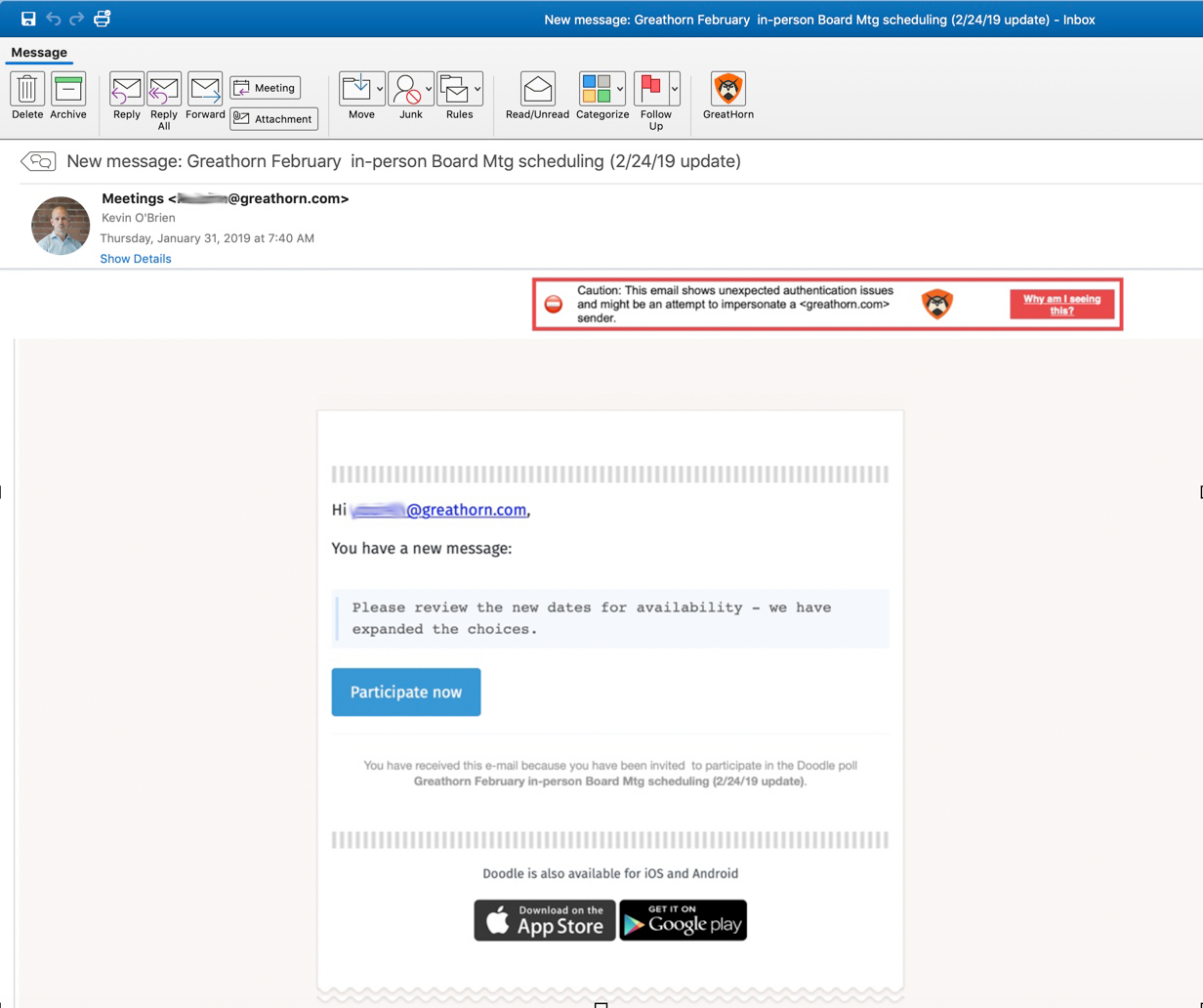 Screenshot of a password-stealing phishing attack/email which comes disguised as a fake meeting request from the boss