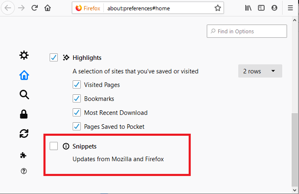 Berichten van Firefox uitschakelen in nieuw tabblad