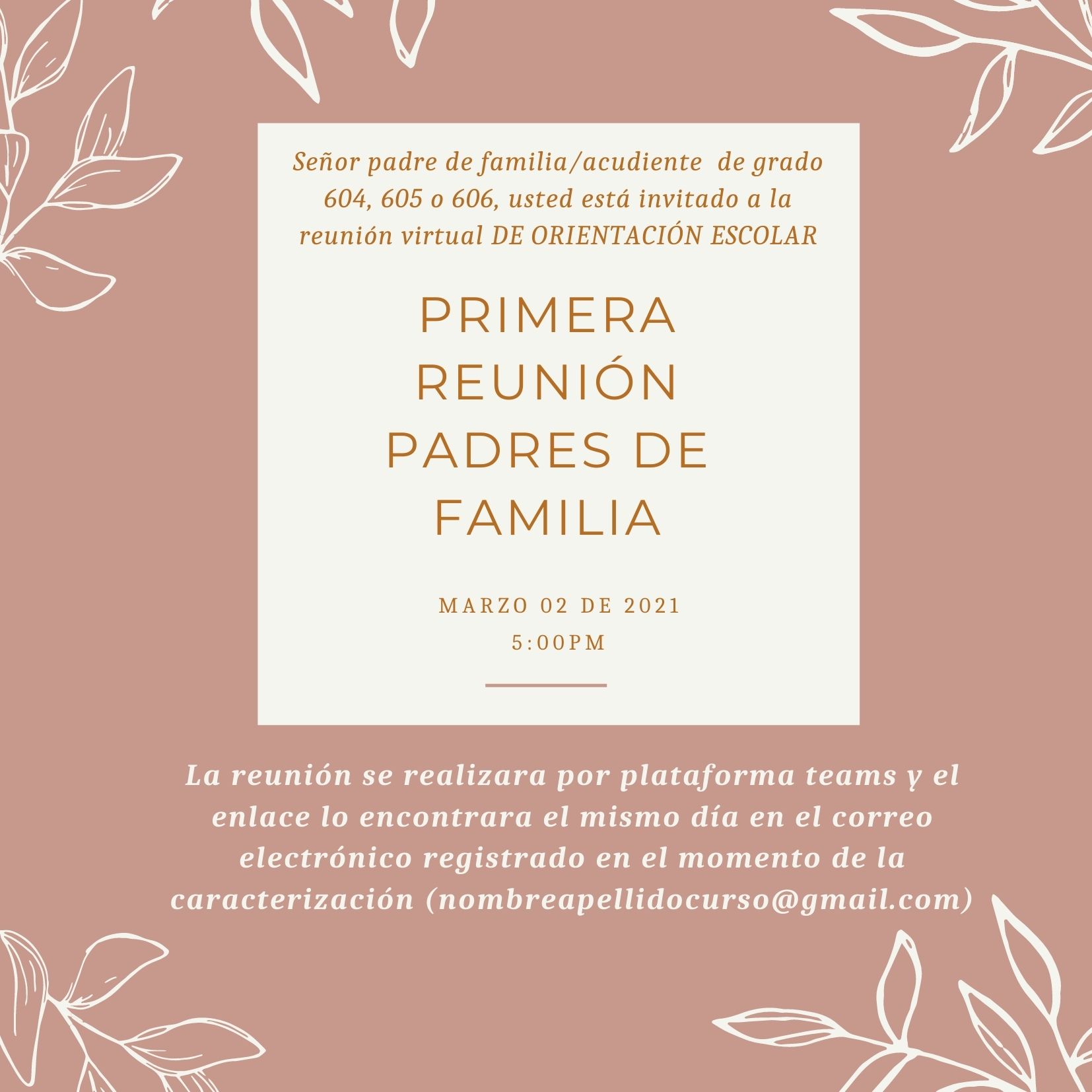 Orientación escolar Jornada Tarde INVITACIÓN REUNIÓN