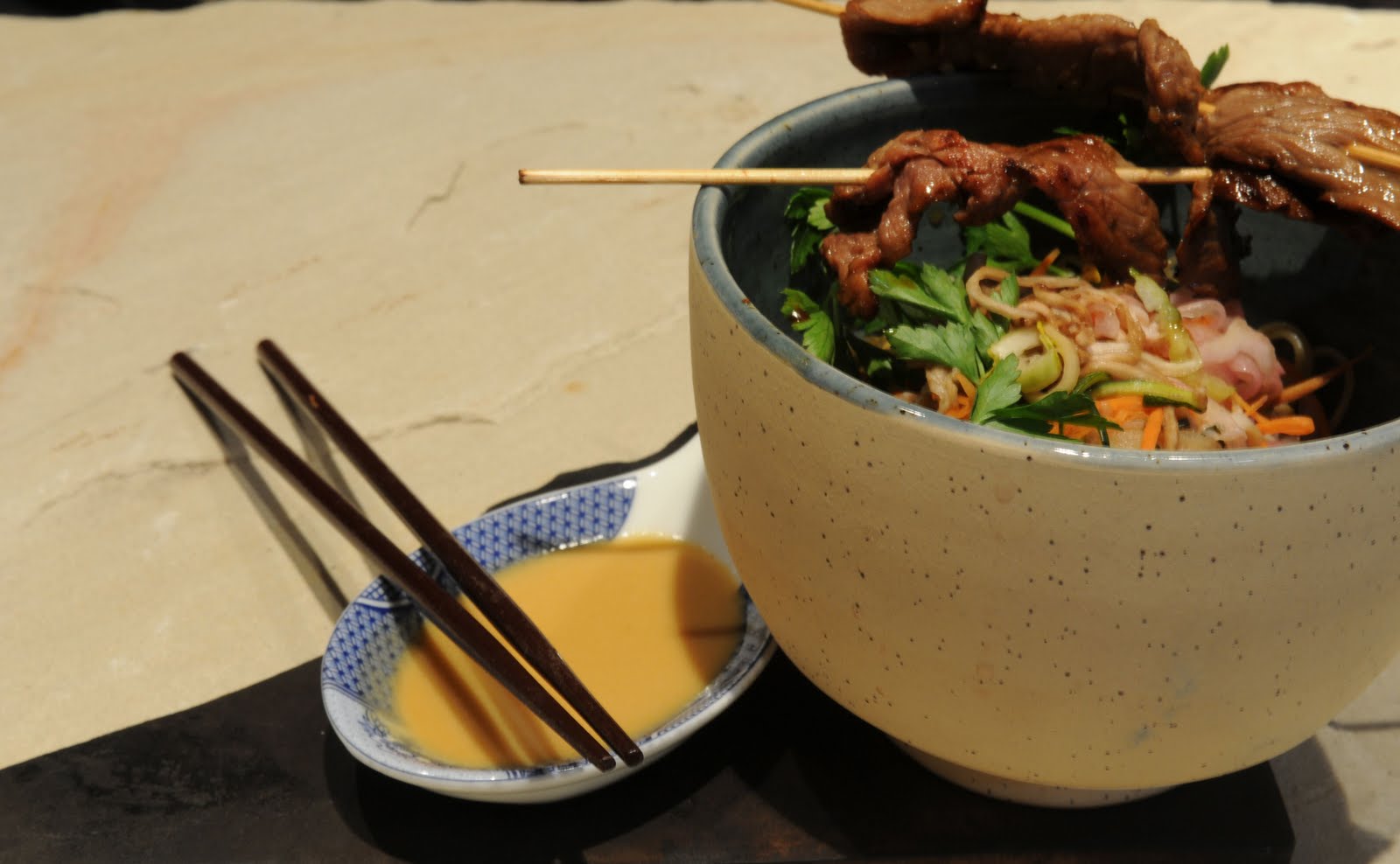 My Recipes Beef Satay served over Chinese egg noodles with quick