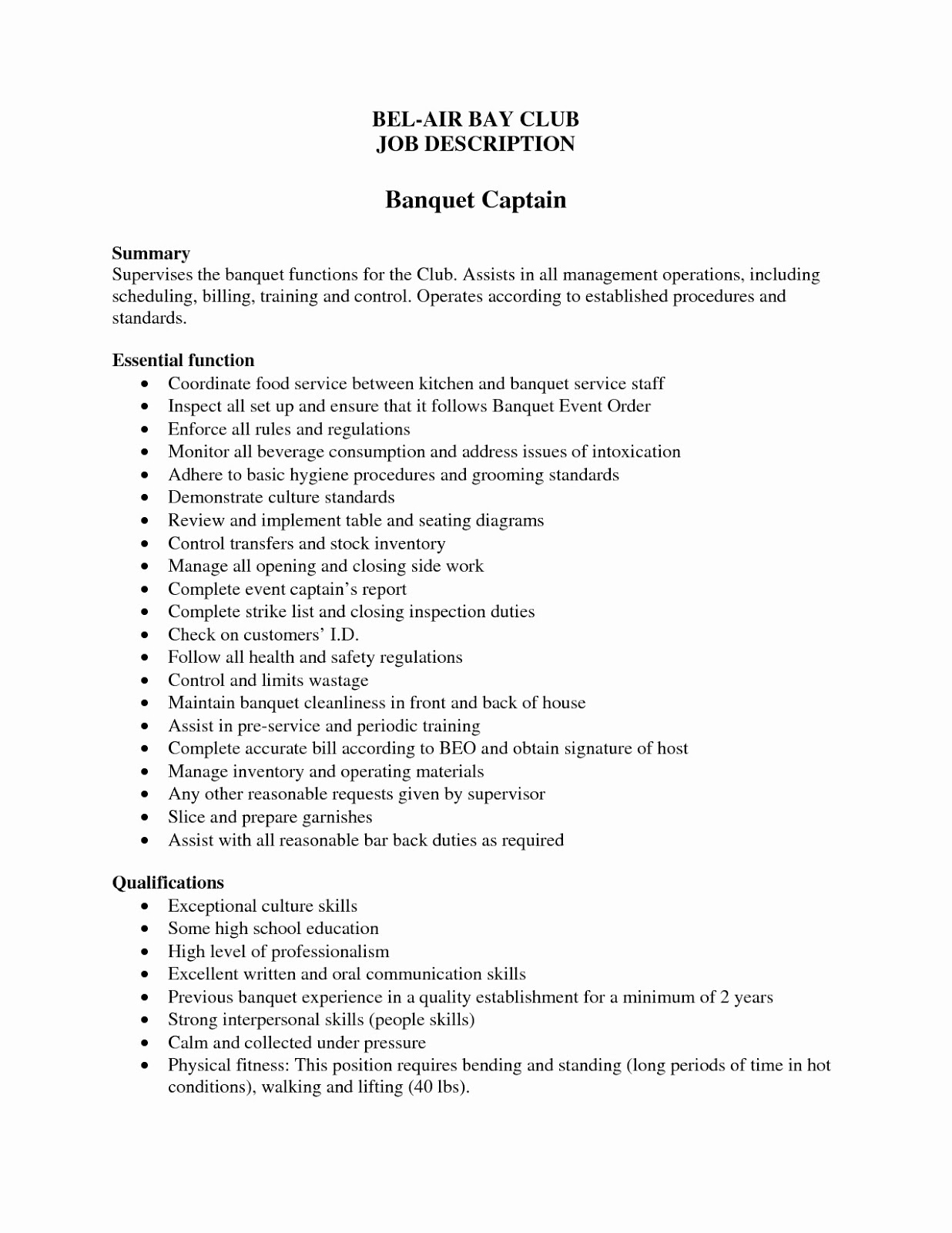 Banquet Captain Resume Samples 2019 Resume Examples 2020