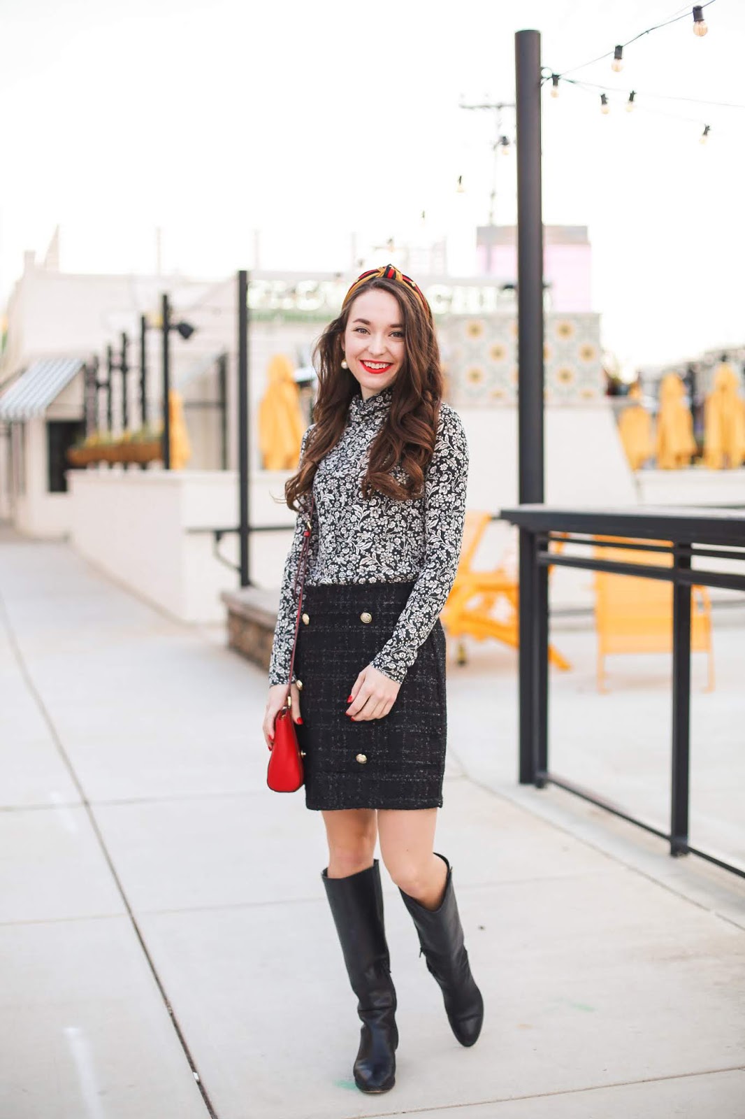 Turtleneck Tweed Skirt Knee High Boots Tweed Skirt Riding Boots