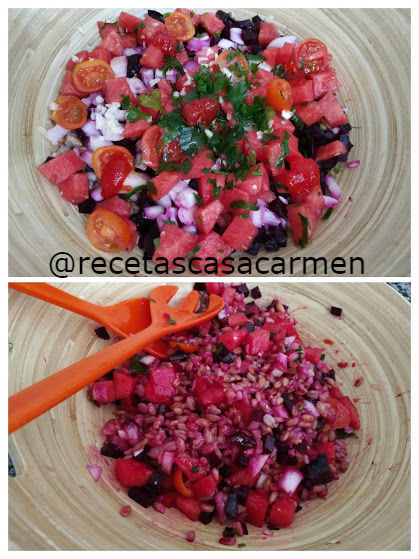 Ensalada de cebada con verduras rojas