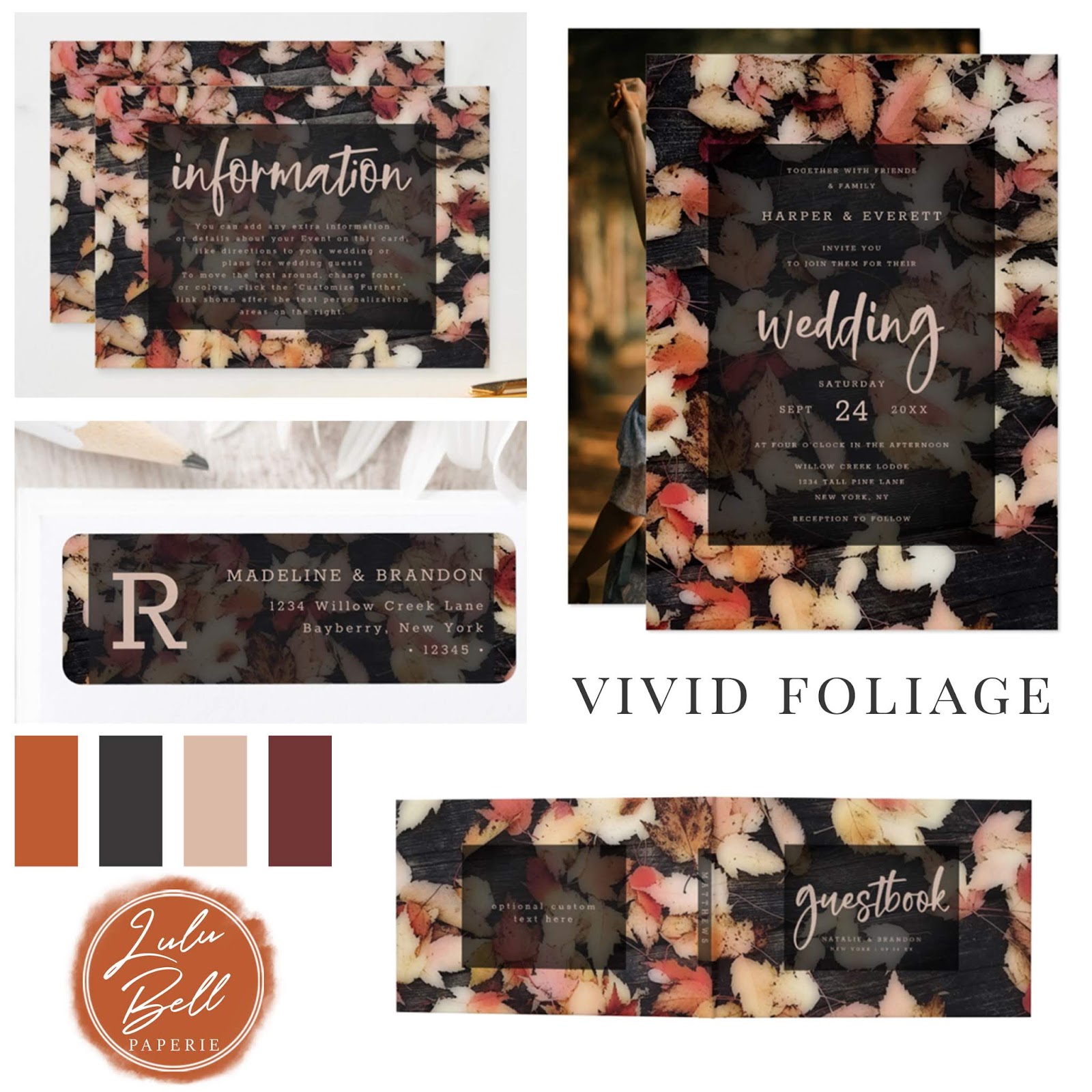 Vivid Foliage Wedding Invitation Suite - Information Enclosure Cards, Envelope Liners, Custom Photo Invitations, and Guestbook