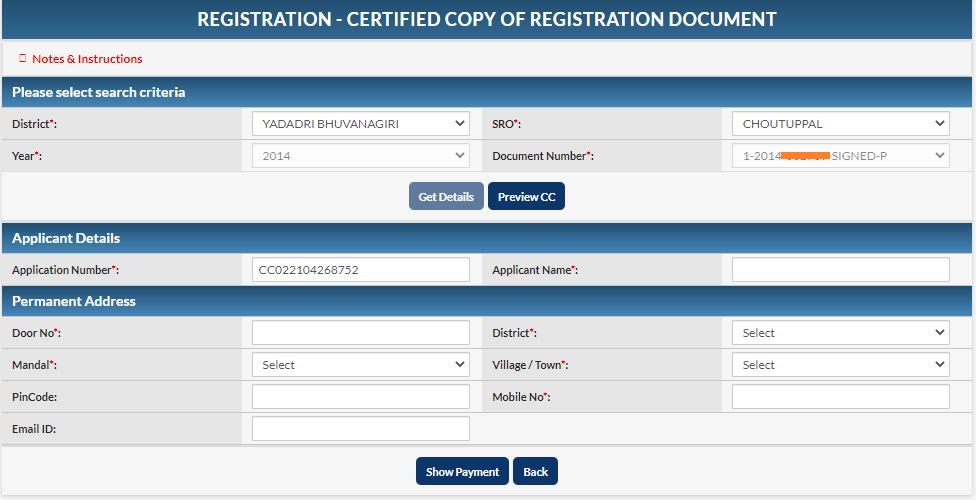 Download Certified Copy of Registration Document Online Telangana