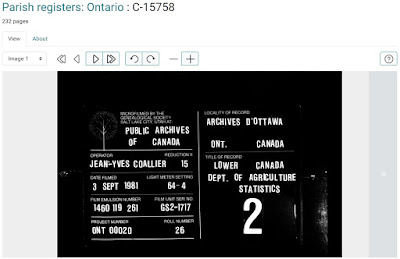 Screen capture of the starting page for microfilm C-15758 on Héritage.