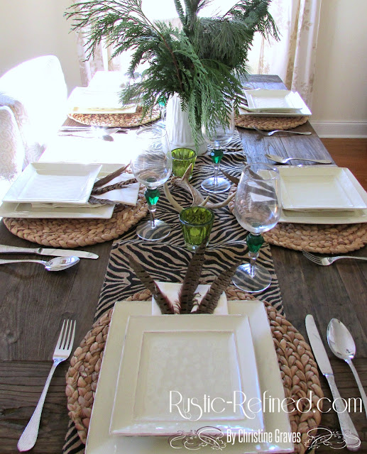 Winter Tablescape with Holiday Greens, Antlers and Animal Print