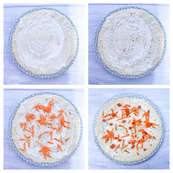 Making Pinwheel Sandwiches - Step 1 - cream cheese and grated carrot