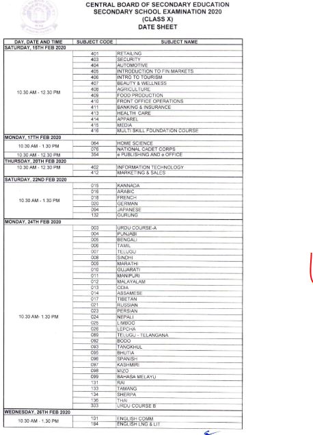 CBSE 10th Datesheet