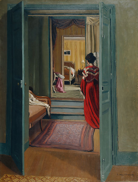 Interior with Woman in Red Seen from Behind