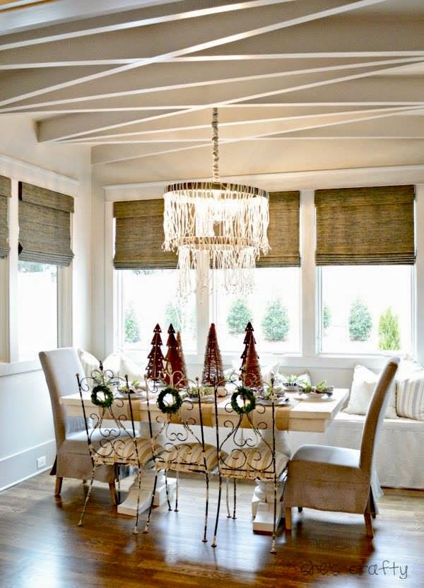French Chateau Style Dining Room with crisscross ceiling detail