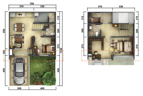 Denah rumah minimalis ukuran 7x11 meter 3 kamar tidur 2 lantai