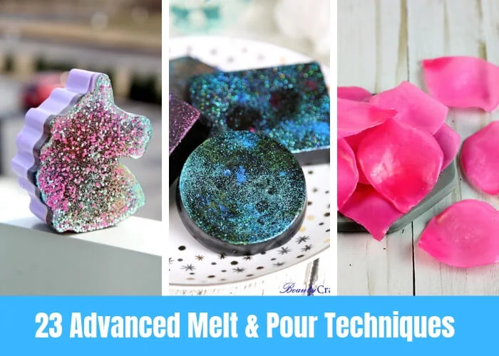 If you need soap making ideas, check out these advanced melt and pour soap techniques.  DiY soap  making is fun, and here are 23 ideas to inspire you.  Making soap recipes gives you 23 different ways to make melt and pour soap with different techniques.   DIY soap making with different colorants, embeds, and other ways to customize your bar of soap.  #diy #soap #soapmaking #meltandpoursoap #diysoap