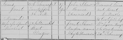 Scotland Registrar General,  Registers of births, marriages, and deaths, 1855-1875, 1881, 1891; and general index, 1855-1956, (The New Register House, Edinburgh), Registration District 644/04, 1856 Deaths in the District of Calton in the Burgh of Glasgow: 54, 162, Janet Innes; FHL microfilm 252,432.