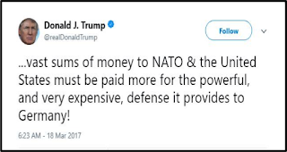 Screencap of a Donald Trump tweet from March 18, 2017 reading, '...vast sums of money to NATO & the United States must be paid more for the powerful, and very expensive, defense it provides to Germany!'