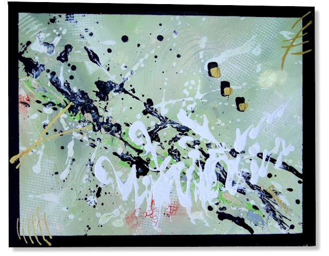 tableau moderne peint à l'acrylique, couleurs vert blanc noir doré