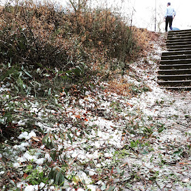 Hillside covered in hail stones, with stairs leading upwards. At the top of the stairs stands a man.
