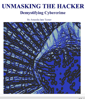 picture of draft book cover blue font and blue picutre on white words 'unmasking the hacker' below the words is a stylised picture of an empty hole where the face should be covered by a hoody and lines and squiggles coming from isnde the hood