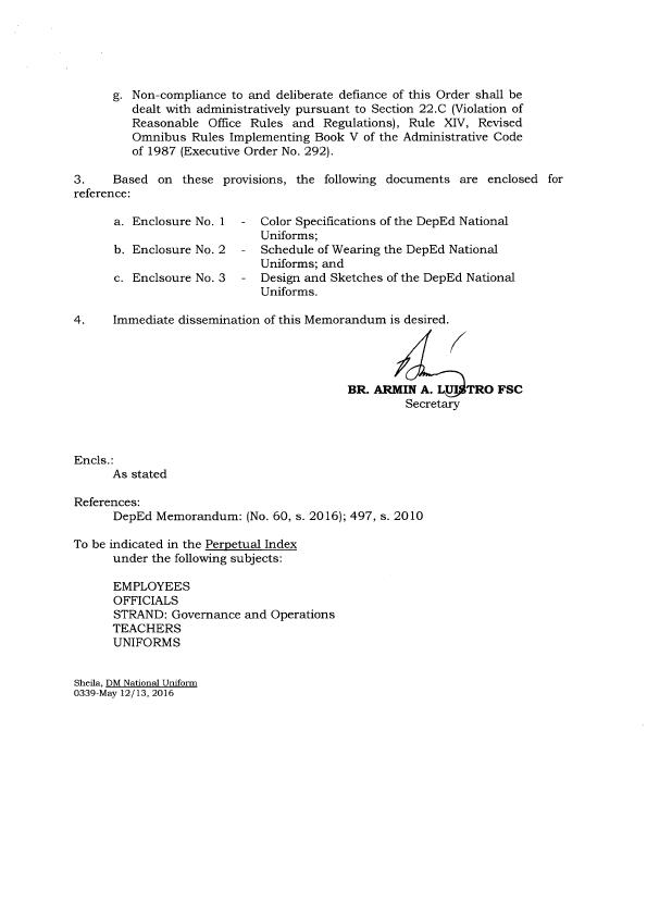 DepEd Memos, Orders & Results DM 84, s. 2016 DepEd National Uniforms