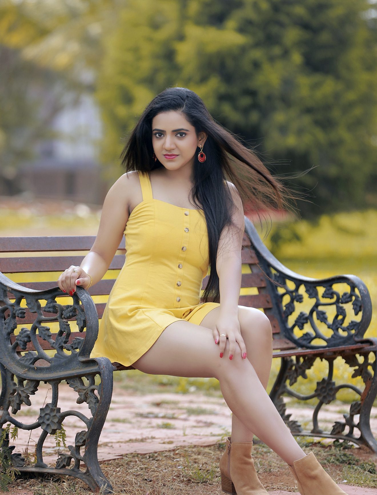 Actress Harshitha Gowda in Yellow Color Dress Hot Cleavage And Thighs ...