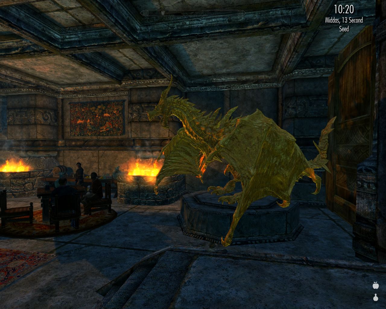 large Dwemer-style hall, big yellow dragon statue, people sitting, a couple of fireplaces near the wall