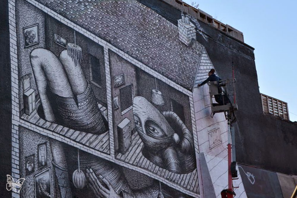 British street artist Phlegm has returned to London where he has been working over the past few days on a news large scale mural in Shoreditch. 