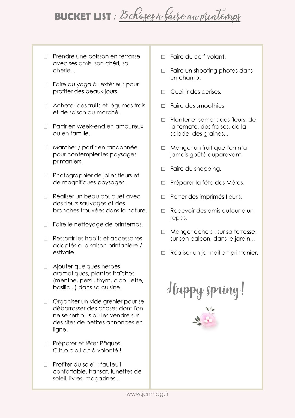 Bucket list 25 choses à faire au printempsJenmag