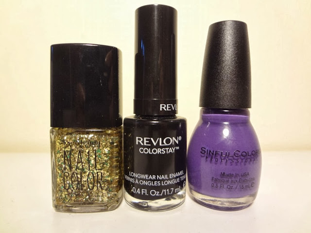 gold/green by love & beauty, stiletto by revlon colorstay, amethyst by sinful colors