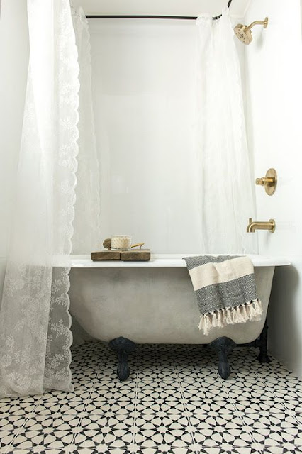 white bathroom, gold hardware, clawfoot tub