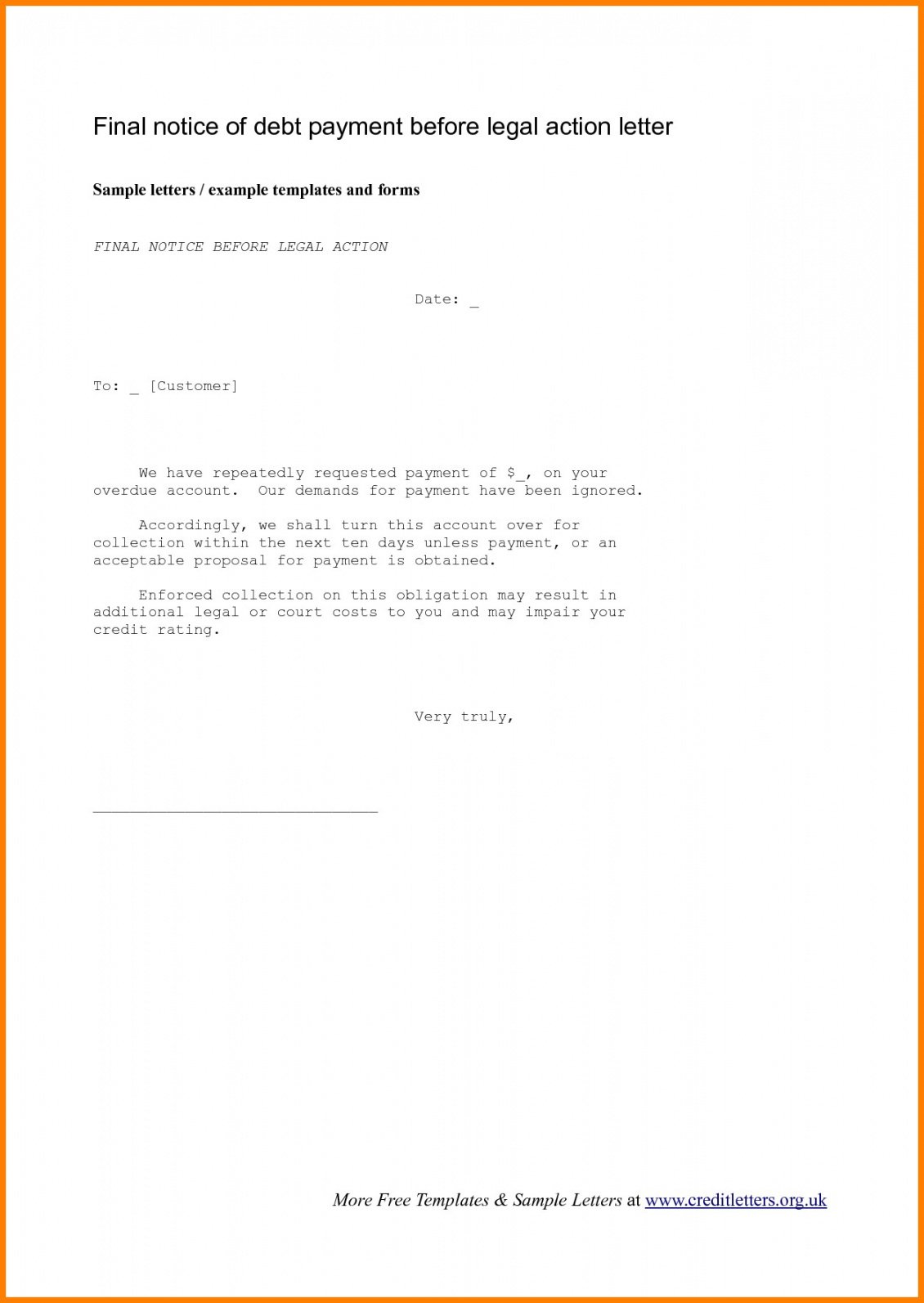 Final Notice Before Legal Action Letter Template Uk ~ Resume Letter