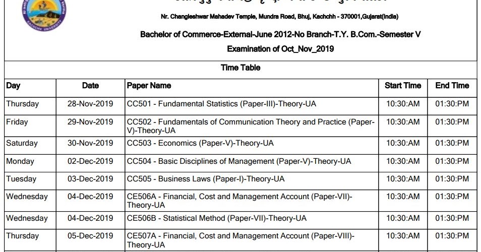 KACHCHH UNIVERSITY SEM5 TIME TABLE 2019