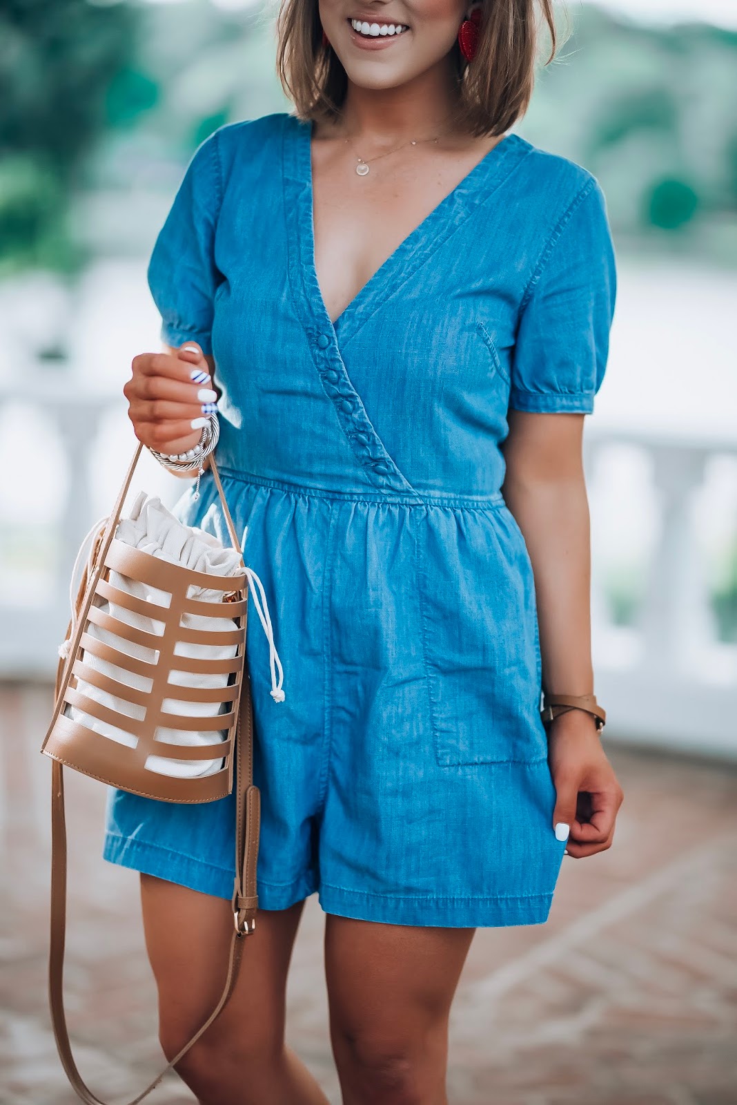 The Best Way to Wear Chambray: Madewell Chambray Button Detail Romper Paired With Red Accessories - Something Delightful Blog