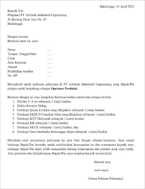 Contoh Surat Lamaran Kerja Untuk Operator Produksi (Fresh Graduate) Berdasarkan Inisiatif Sendiri Contoh Application Letter Untuk Operator Produksi (Fresh Graduate) Berdasarkan Inisiatif Sendiri