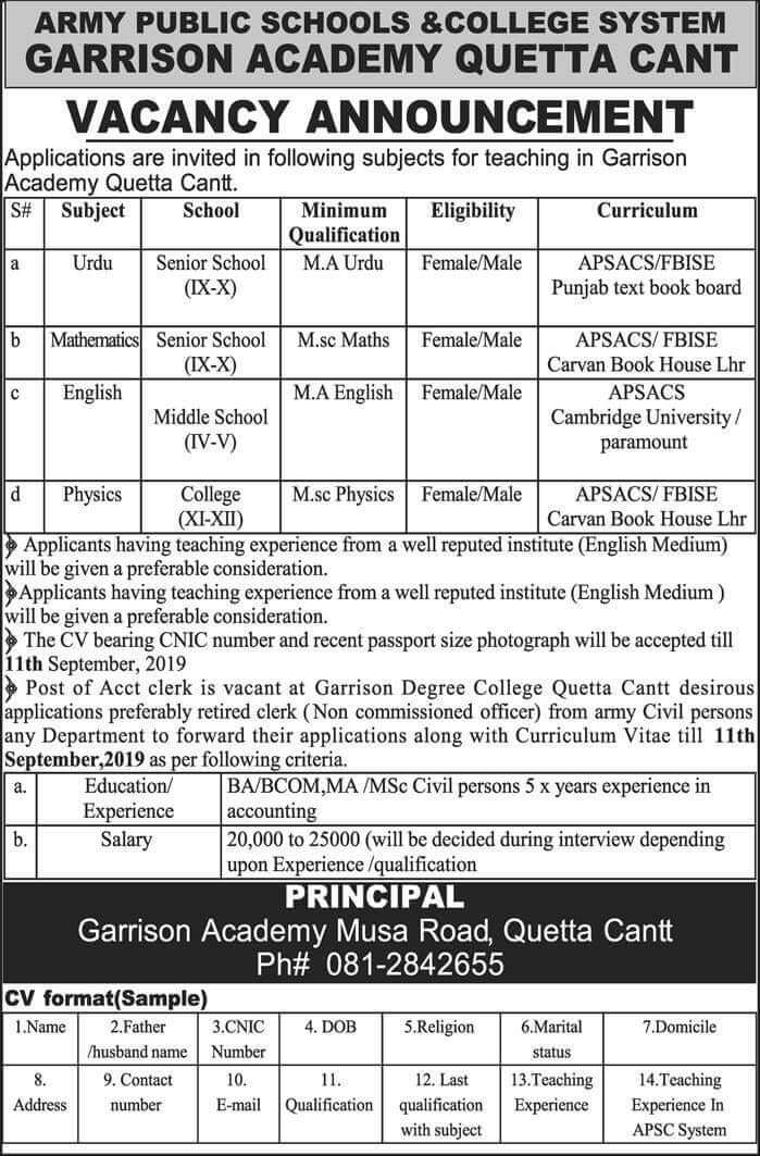Jobs in Garrison Academy Quetta Cantt 2019 1 Jobs in Garrison Academy Quetta Cantt 2019