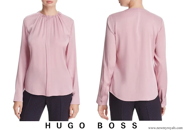 Crown Princess Mary wore Boss banora pleat neck silk blouse