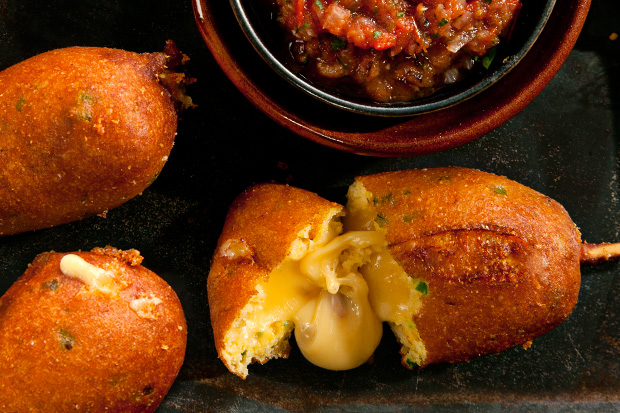 My Favorite Things: Jalapeño-Cheese Corn Dogs with Roasted Tomato Salsa