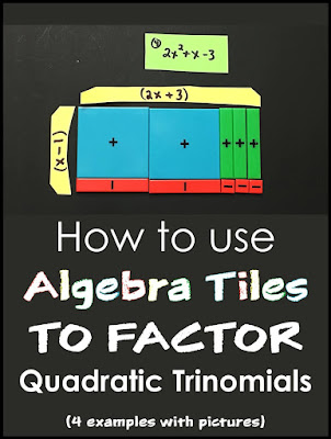 How to use algebra tiles to factor quadratic trinomials - 4 examples with pictures Are you looking to use algebra tiles to make factoring more visual? In this post are 4 examples of how to use algebra tiles to factor quadratic trinomials, including trinomials where A>1 and with negative B and C values. Also includes a link to a free printable pdf set of algebra tiles to use in your math classroom.