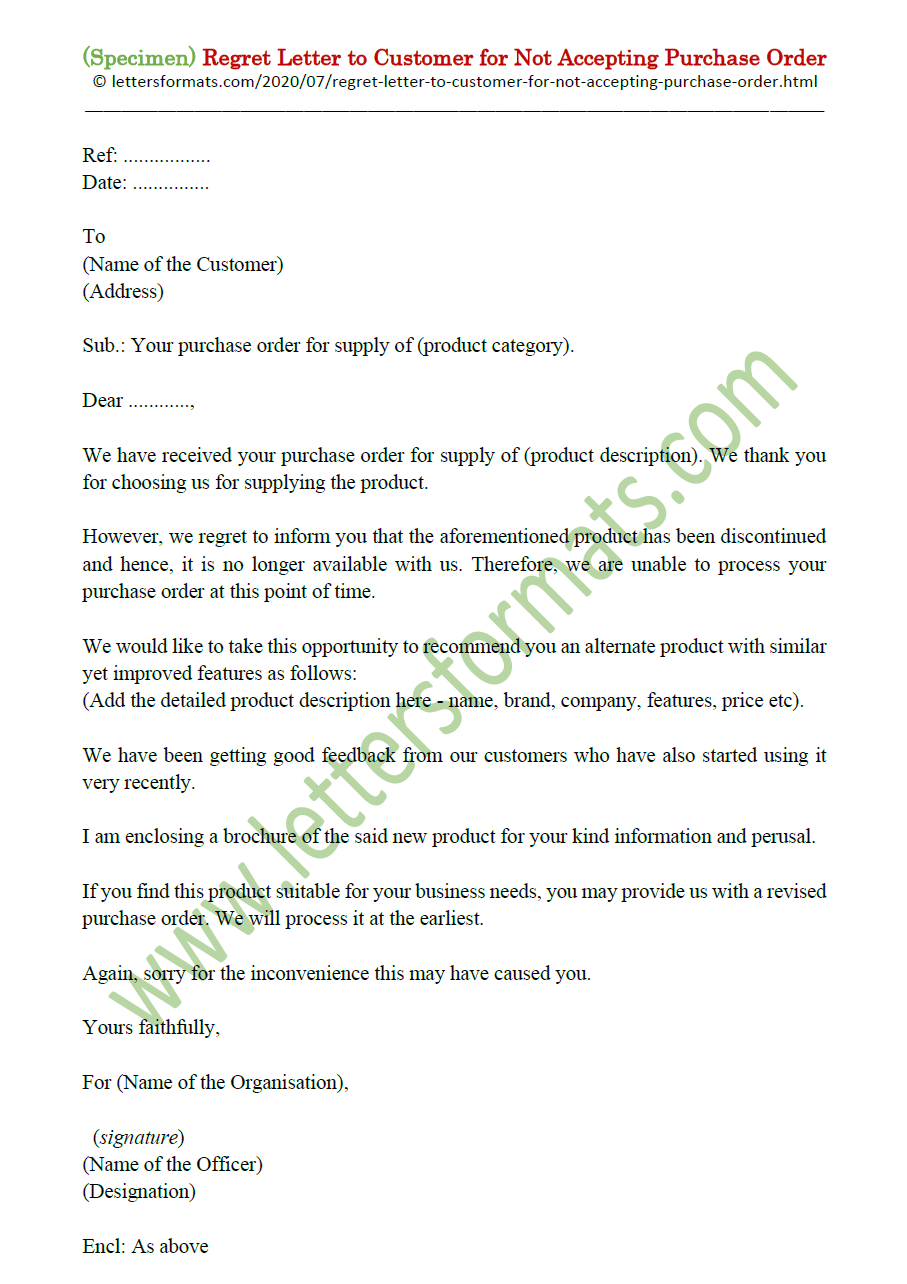 Regret Letter to Customer for Not Accepting Purchase Order
