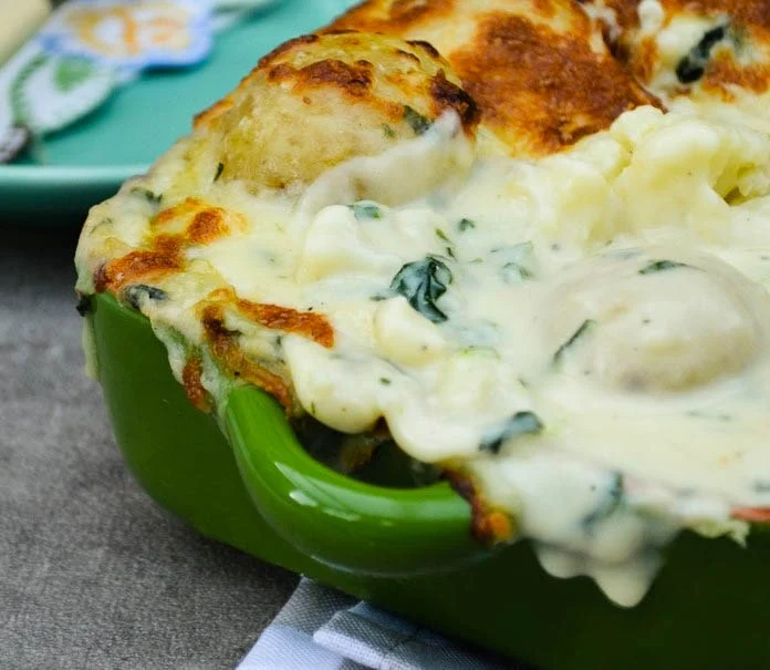 cheese cauliflower and potato bake with spinach
