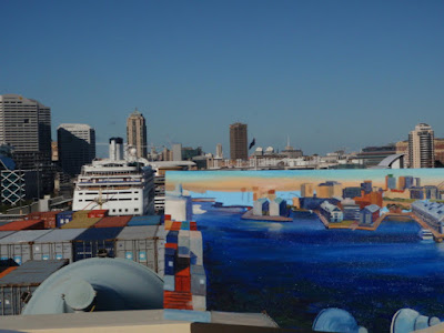 Plein air oil painting of Sydney harbour from the bridge of a cargo ship docked at the East Darling Harbour Wharves, now Barangaroo, painted by marine artist Jane Bennett