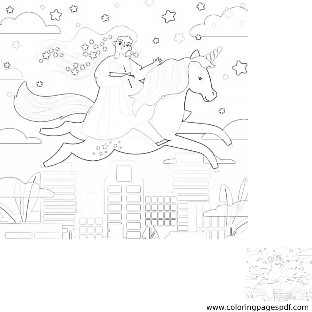 Coloring Page Of A Unicorn Flying A Woman On Top Of Buildings