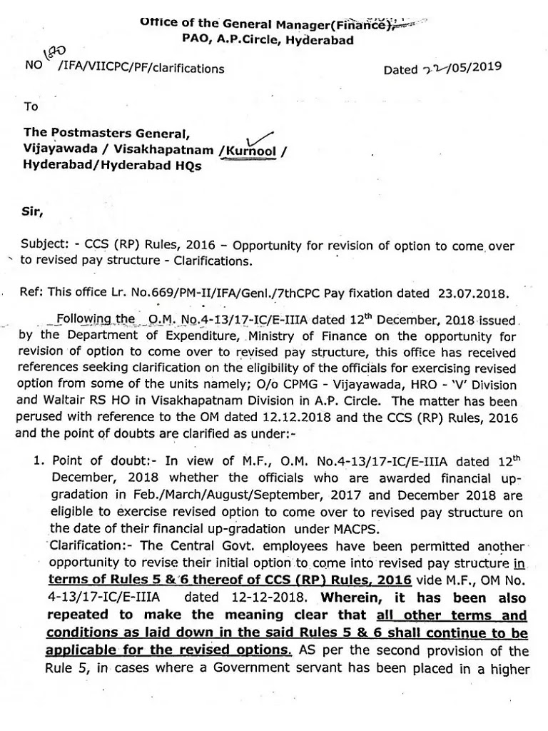 7th CPC clarification: Revision of Option for to come over to revised pay structure – reg. 7th CPC clarification: Revision of Option for to come over to revised pay structure – reg.