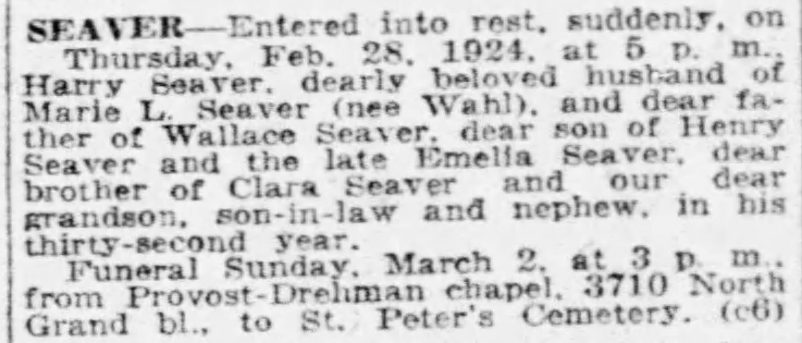 Genea-Musings: Seavers in the News -- Harry Seaver Dies Suddenly in 1924 in St. Louis, Missouri