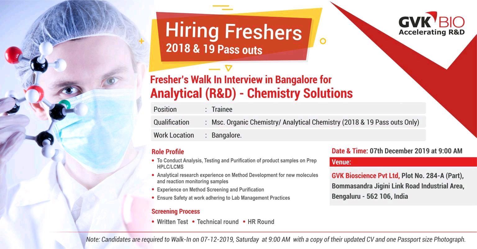 GVK bio Walkin for Freshers on 7 Dec 2019 Pharma Jobs in Hyderabad