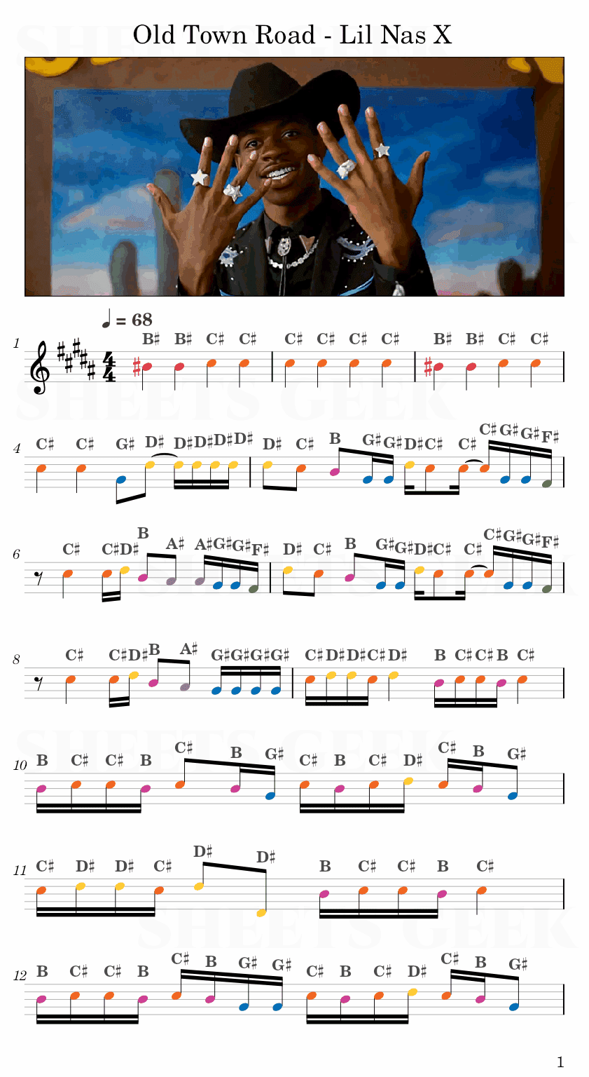 Old Town Road - Lil Nas X Easy Sheet Music Free for piano, keyboard, flute, violin, sax, cello page 1