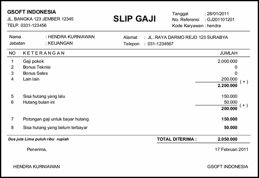 Contoh Slip Gaji Bulanan Karyawan Swasta  Terbaru 2017