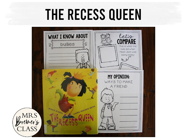 The Recess Queen book study activities unit with Common Core aligned literacy companion activities for Kindergarten and First Grade