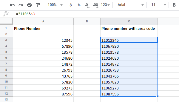 Excel에서 전화 번호 목록에 지역 번호를 추가하는 방법