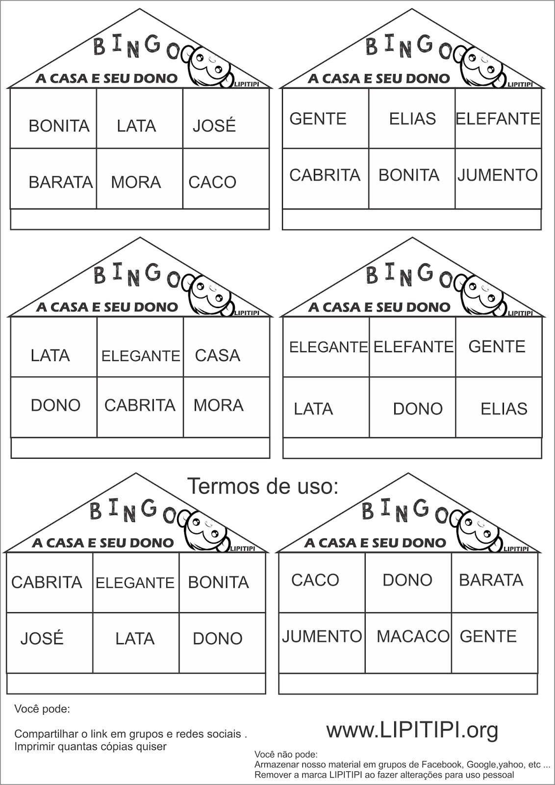 Cartelas Bingo de Palavras A Casa e seu Dono para imprimir Grátis